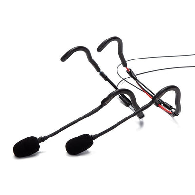 Two E Mic XL Headset Mics by Fitness Audio in red and black